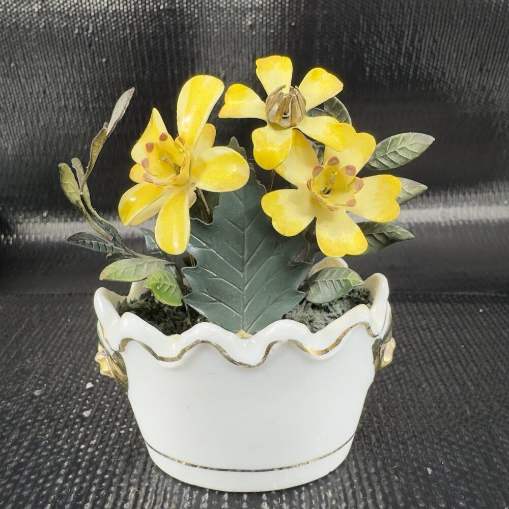 Vintage 1997 MANN Korea Porcelain Bud Vase With Attached Metal Flowers Decor VTG
